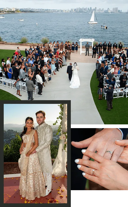 Wedding collage showing an outdoor waterfront ceremony, a couple in traditional South Asian attire, and close-up of wedding rings on joined hands