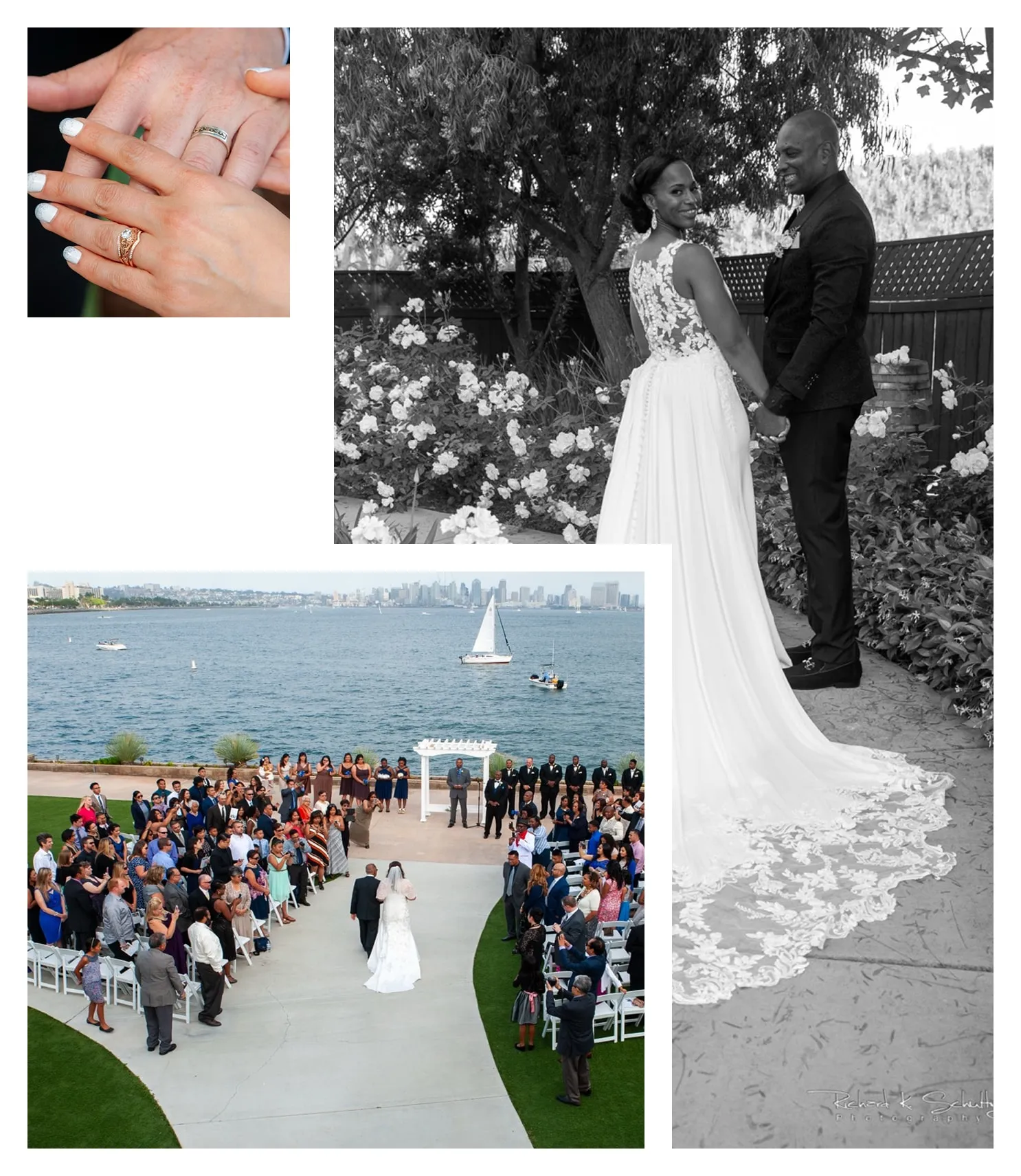 Collage of wedding moments including couple holding hands, bride and groom by garden, and outdoor ceremony by the sea