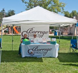 Two people sit at a Borrego Health booth under a white canopy at an outdoor event in a park.