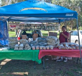 A woman stands behind a market stall with packaged goods under a blue canopy at an outdoor event.