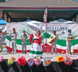 Mariachi band and female singer in traditional attire perform on stage decorated with paper flowers and a Mexican flag backdrop.