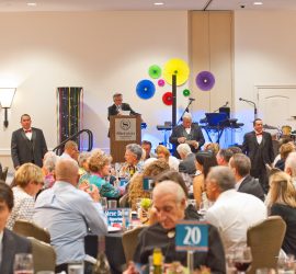 A speaker stands at a podium addressing a seated audience at a formal indoor event with colorful wall decorations.