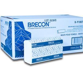 A box of Brecon deluxe multi-fold white paper towels with one pack displayed in front of the box.