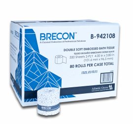 A box labeled "BRECON Double Soft Embossed Bath Tissue" with one roll of toilet paper in front of it.