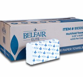 A box of Belfair Elite multifold paper towels with one paper towel pack placed in front of the box.