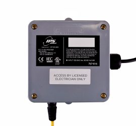 Grey electrical control box with warning label: "Access by licensed electrician only," connected by black cables.