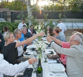 A group of people seated outdoors at a long table toast with drinks during a daytime gathering or event.