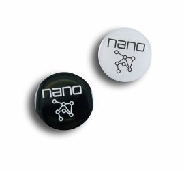 Two round pins, one black and one white, both labeled "nano" with a connected nodes network graphic.