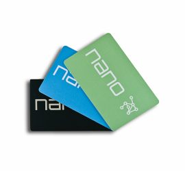 Three rectangular cards labeled "nano" in green, blue, and black, overlapping each other on a white background.