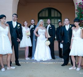 A wedding party poses for a group photo, with bridesmaids in white dresses and groomsmen in black suits.