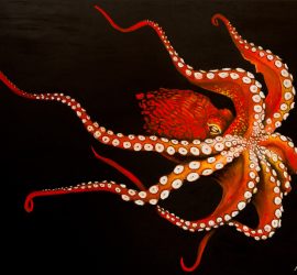© 2020 RKS Photography | https://www.rksshots.com. Photo by RKS Photography. Painting of a red octopus with white suction cups on a black background, signature in the bottom right corner.