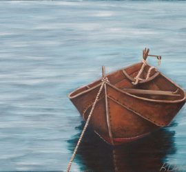 © 2020 RKS Photography | https://www.rksshots.com. Photo by RKS Photography. A brown wooden rowboat tied with a rope floats on calm, blue water.